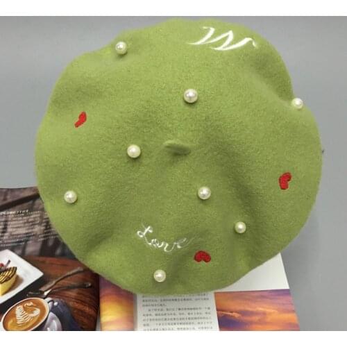 Japan soft sister embroidery letters hats pearl wool beret women painter cap baked wheat cake cap warm buds hat girl winter love