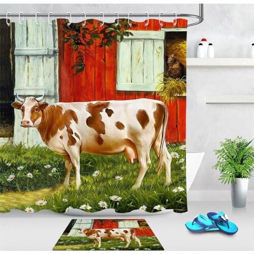 Farmhouse Decor Bath Shower Curtain Spring Daisies Meadow Barn Farm Cow Bathroom Shower Curtain Bathtub Accessories Home Decor