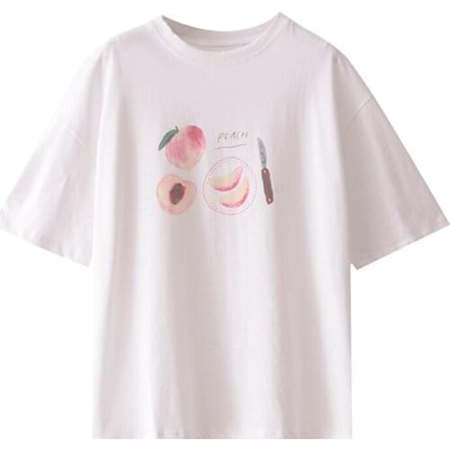 PERHAPS U Women Pink White Peach Fruit Print T-shirt Short Sleeve Loose Oversize Sweet Top Summer B0807