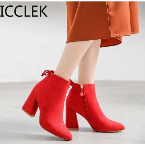 Ankle Women Boots Kid Suede Soft Shoes Anti-Skid Women Boots Pointed Toe Square High Heels Zip Ladies Footwear Size 35-40