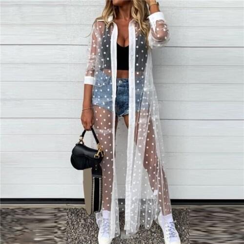 Women Polka Dot Shirts Fashion Beach Smock Sexy 2021 New Style Clothing Female Trendy Long-sleeved See-through Long Shirt
