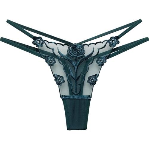 Women Ladies Mesh Embroidery Panties Hollow Transparent Thong Thin European Style A66