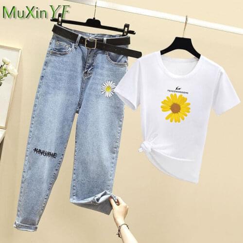Womens Summer Clothing Set 2021 Fashion Leisure Daisy White T-Shirt Jeans Suit Student Street Wear Ladies Casual Denim Pants