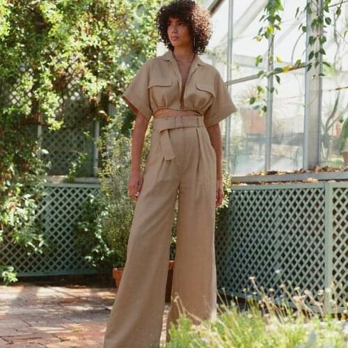 BoozRey 2021 Summer New Retro Lapel Short Sleeve Design Sense Lace Short Shirt Belt High Waist Long Wide Leg Pants Womens Suit