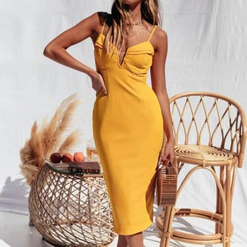 Summer V-neck Sleeveless Women Beach Style Dress Skinny Slim Fit Mid-calf Length Split Elegant Ladies Backles Yellow Clothes