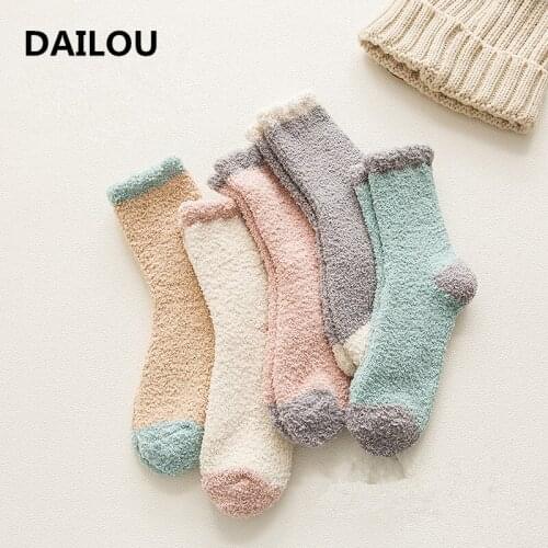 Winter Coral Fleece Confinement Socks Women Casual Sleeping Home Warm In Tube Socks Candy Color Cute Happy Soft Cotton Socks