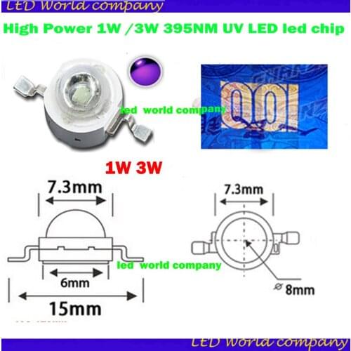 Freeshipping! 100pcs 3W 395NM UV LED /Ultra Violet High Power LED Bead Emitter 395-400NM led 3w chip uv led diode