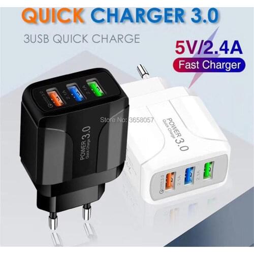 100pcs QC3.0 3 USB Ports Wall Charger Power Adapter US EU Plug Portable QC 3.0 Fast Quick Charger Power Adapter for iphone 11