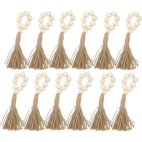 12 Pcs Wood Bead Napkin Rings with Tassels Rustic Farmhouse Garland Wall Hanging Decor Weddings Table Decoration