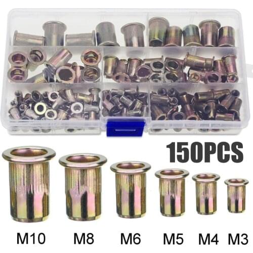 150pcs 2019 New Nutserts Rivet Nuts Flat Head Rivnuts Zinc Plated Steel M3, M4, M5, M6, M8, M10 Assortment Nutsert Kit