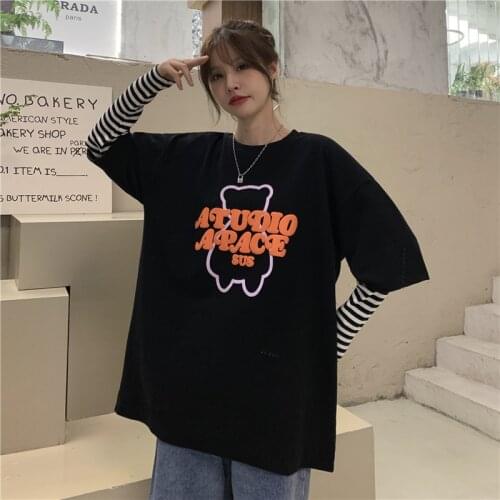 2021 fake two-piece t-shirt womens long-sleeved stitching striped sleeves design bottoming shirt spring and autumn T-shirt tide