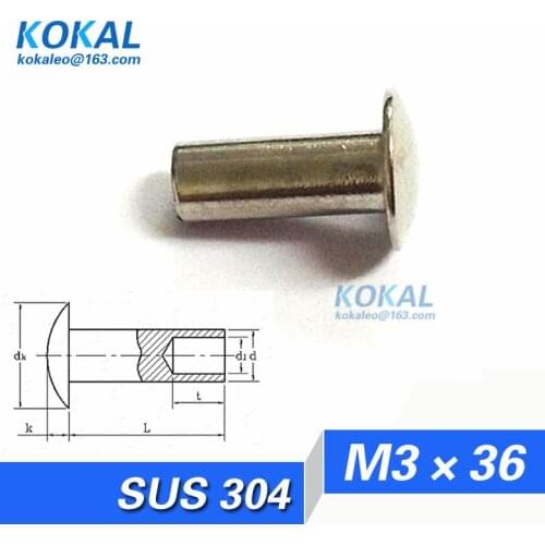 [304-M3*36]Free Shipping 100PCS flat round head semi-tubular rivets M3*36mm M3 series stainless steel RIVET