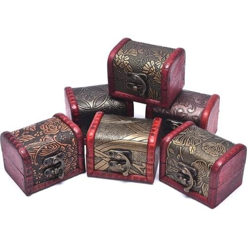 Antique Mini Wood Treasure Chest Storage Box Jewelry Organizer Box Gift Box