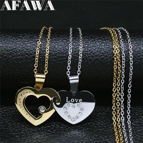 2PCS Heart Love Crystal Stainless Steel Couple Chain Necklace Women/Men Cold Silver Color Jewelry collares mujer NXS01