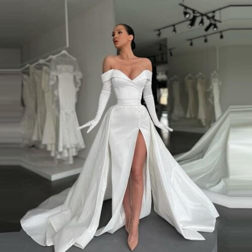 Elegant Two Pieces Wedding Dresses With Detachable Train Satin Cap Sleeves Side Split Mermaid Long Trian Bridal Gowns