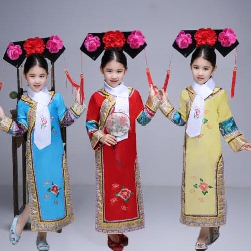 3 Pcs Headwear + Scarf + Costume Qing Dynasty Costume Chinese Manchu Traditional Princess Dress with Hat for Girls