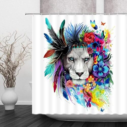 Jingjiji Colorful Lion Shower Curtain Wild Animal Peacock Feather Flower Watercolor Painting