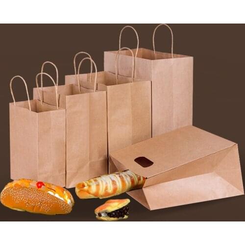 50 Pcs 3 sizes Brown kraft paper bag with handle clothing Bread Candy Buffet Bags food packaging Boutiques bento Custom