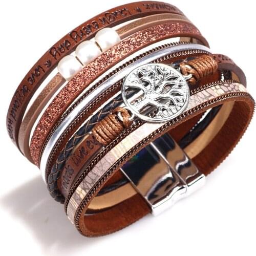 Fashion life tree accessories jewelry Embossing letter leather bracelet magnetic buckle bangle Charm multilayer bracelet for wom