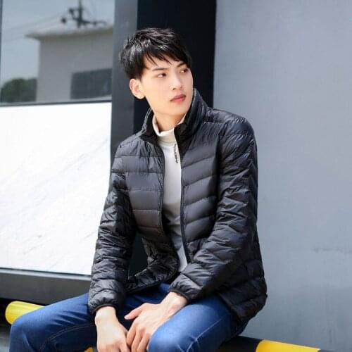 Spring Autumn Nylon Mens Down Jacket Stand Collar Long Sleeve Cardigan Zipper Solid Slim Thin Vogue Casual Down Jacket