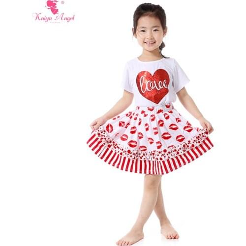 Valentines Day Girls Clothes Love of Hearts T-Shirt Skirt Suit Red Lip Prints Skirt Boutique Outfit Kids Clothing Wholesale Suit