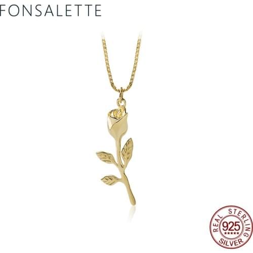 Vintage 925 Sterling Silver Rose Flower Pendant Necklaces Gold Color Rose Charm Necklace Jewelry Women Christmas Gift zk40