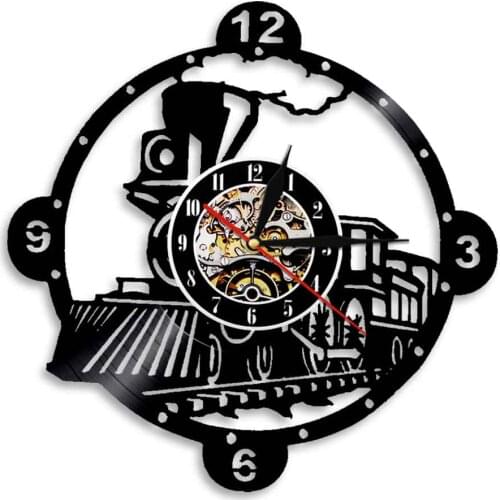 Steam Locomotive Train Steam Engine Vinyl Record Wall Clock with LED Backlight Wall Decor Lamp Watch Non-Ticking Vintage Design
