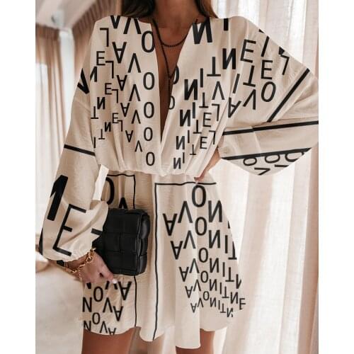 Autumn Letter Long Sleeve Design Mini Dress Women V-Neck Sexy Mini Dress Female Party Vestidos 2021 Shirtdress