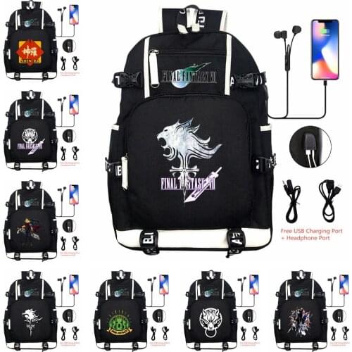 Hot Anime Game FF7 USB Backpack Men Women Travel Shoulder Laptop Bags Teens Kids Student School Bags Bookbag Gift