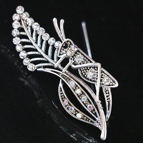 Casual/Sporty Beautiful Grasshopper Locust Leaf Brooch Animal Design White Crystal Rhinestone Silver-color Pins Jewelry B1210