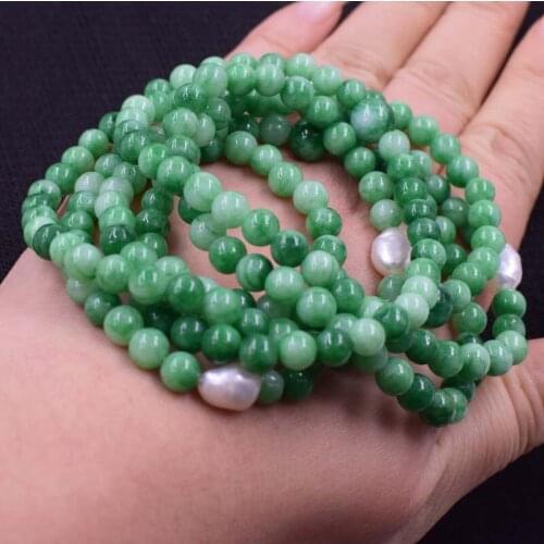 Freshwater pearl white baroque 6mm +green jade round necklace 45inch FPPJ wholesale beads nature
