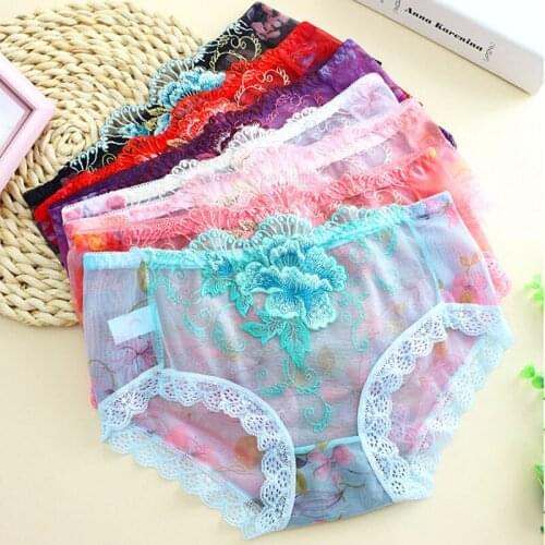 Sexy temptation openwork lace embroidered ladies panties Low waist transparent seamless embroidered lace triangle briefs