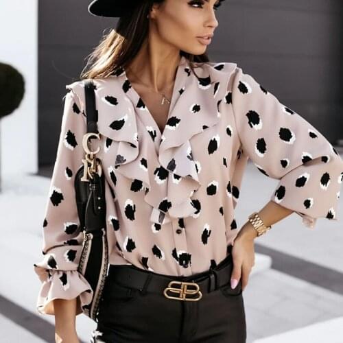 Spring Autumn Printed Ruffle Long Sleeve Shirt 2021 Elegant Fashion Loose V-Neck Women Blouses Female Office Lady Top