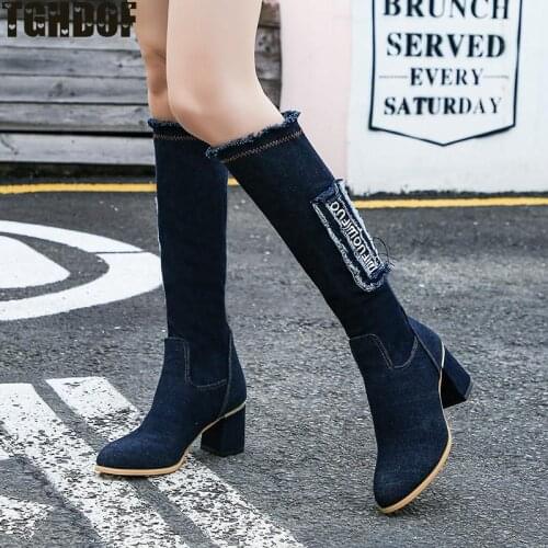Tghdof Autumn Fashion Blue Stretch Cowboy Boots Womens Letter Print Knee-length Boots Womens One-piece High Heels Botas Mujer