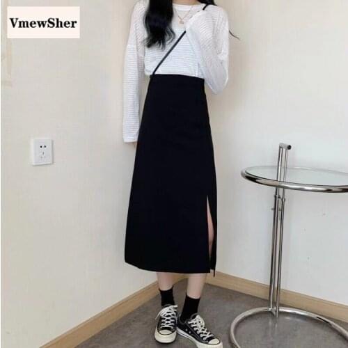 VmewSher Autumn Spring Women Black Skirt Fashion Slim High Waist Split Hem Female Casual Long Office Lady Elegant A-line Skirt