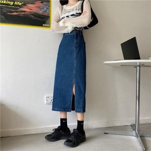 All-Match Solid Denim Femme Clothing Skirts Women Chic High Waist Vintage Harajuku Side-Slit Design Womens Streetwear