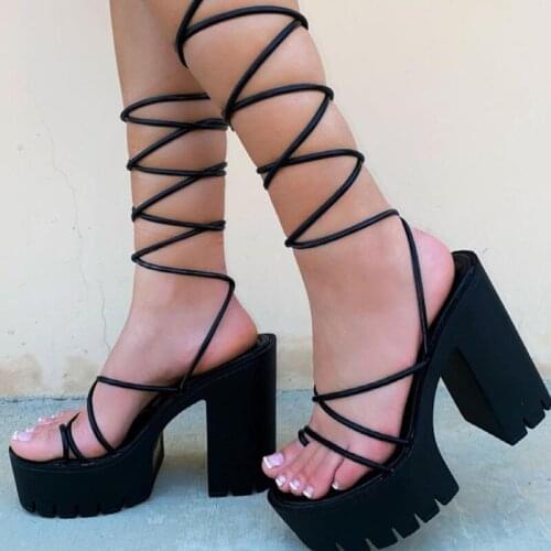 2021 Women Rome Summer High Square Heels Sandals Female Fashion Sexy Party Shoes Ladies Platform Lace-up Footwear Plus Size 43