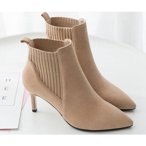2020 Womens Boots Pointed Toe Yarn Elastic 7cm Thin High Heels Sock Boots Beige Black Female knitting Ankle Boots Big Size Shoe