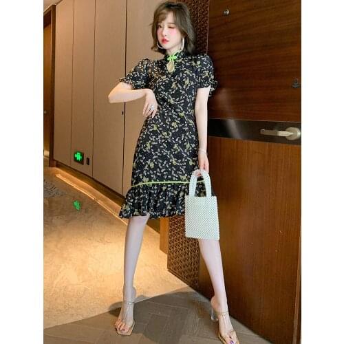 Collar button splicing of lotus leaf printed improved qipao dress female amoi