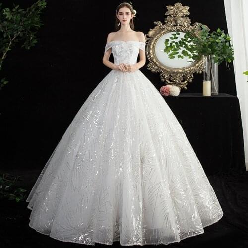 2021 New Arrive hot selling Boat Neck Ivory Embroidery Bling Bling ball gown lace up back formal bride dresses wedding dress