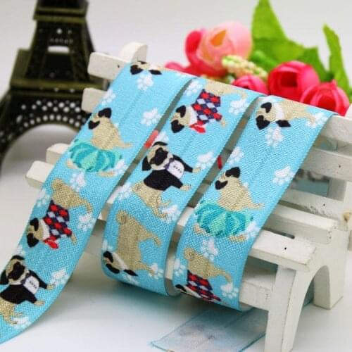 1'' Free shipping Fold Elastic FOE pug dog printed headband headwear hairband diy decoration wholesale OEM 25mm P5970