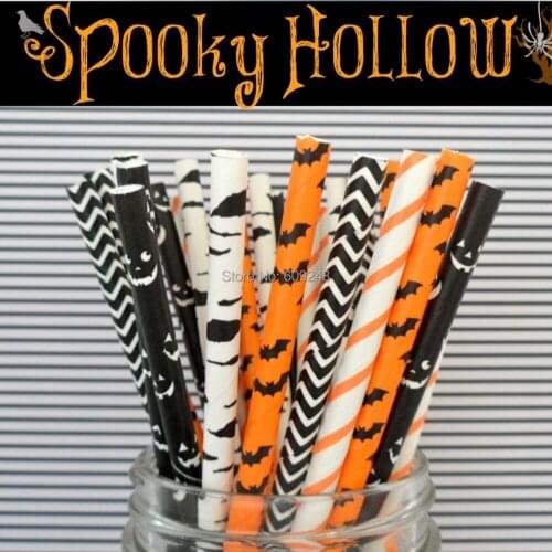 100pcs Mixed Colors Spooky Hollow Halloween Party Paper Straws Orange Black Patterned Chevron Pumpkin Trick or Treat Decoration