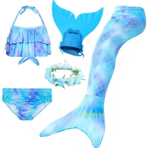 Girls Swimwear 5pcs Mermaid Tails for Kids Children Costumes Swimmable Swimsuit With Monofin Flippers Swimming Dress Bikini Sets