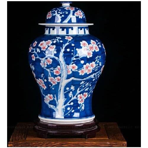 Qing KangXi Antique Reproduction Chinese Porcelain Ice Plum Ceramic Vase Ginger Jar Double Ring Blue Mark