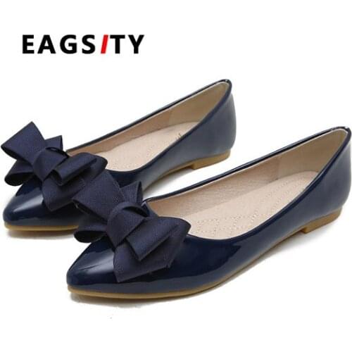 EAGSITY women flat shoes ballet comfortable pointed toe slip on dancing walking casual shoes bowtie knot patent leather