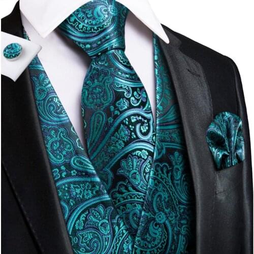 Hi-Tie Teal Green Floral Paisley Silk Men Slim Waistcoat Necktie Set For Suit Dress Wedding 4PCS Vest Necktie Hanky Cufflink Set