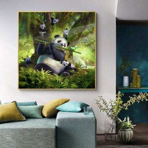 Cute Panda Family Baby Bamboo Prints Painting on Canvas Animal HD Poster Modern Wall Art Picture for Living Room Kids Room Decor