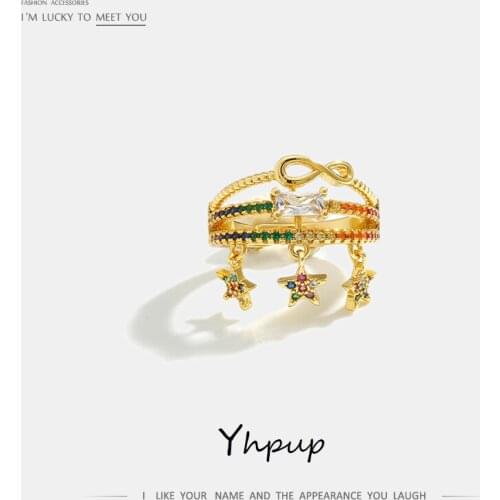 Yhpup Personality Fashion 8 Bow Star Tassel Geometric Rainbow Ring Colorful Europe and America Exquisite Luxury Zirconia Rings