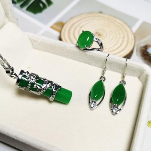 Jadery Real Silver Dragon Necklace 925 Silver Jewelry Sets CZ Green Jade Earrings/Ring For Women Ethnic Vintage Fine Jewelry New