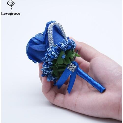 Bride Groom Corsage Artificial Silk Rose Boutonniere Wrist Flower Blue Pin Brooch Wedding Decoration Stamen Diamond White Flores